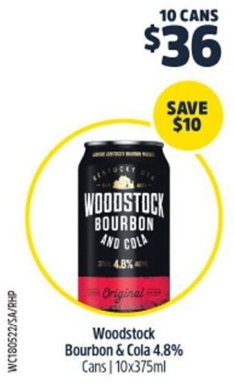 Woolworths Woodstock Bourbon & Cola 4.8% Cans 10x375ml offer