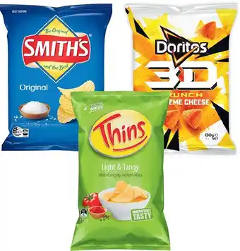 Coles Smith’s Crinkle Cut Potato Chips 150g-170g, Doritos Corn Chips or Doritos 3D 130g-170g or Thins Potato Chips 150g-175g offer