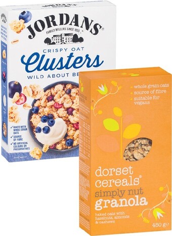 Coles Jordans Granola or Oat Clusters 500g-750g or Dorset Granola or Muesli 450g offer