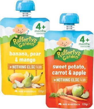Coles Rafferty’s Garden 4 Month, 6 Month or 8 Month Baby Food Pouch 120g offer