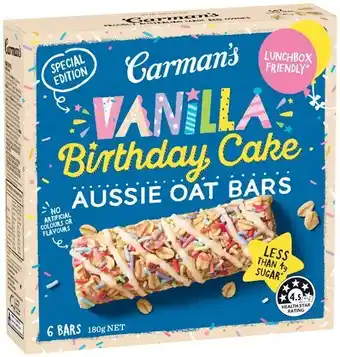 Woolworths Carman’s Aussie Oat Bars or Oat Slice 175-180g Pk 5/6 offer