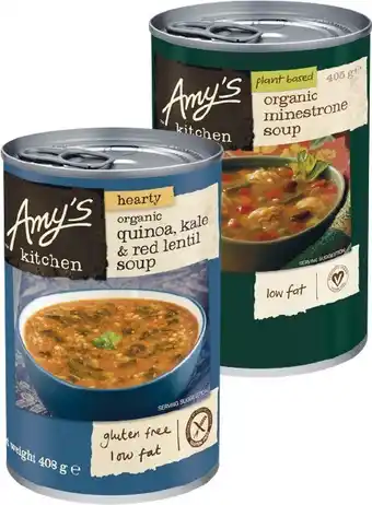 Woolworths Amy’s Kitchen Organic Minestrone or Quinoa, Kale & Red Lentil Soup 405-408g offer