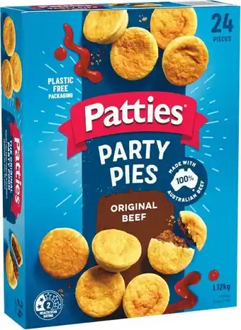 Woolworths Patties Party Pies 1.12 kg or Party Sausage Rolls 900g Pk 24 offer