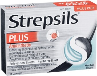Woolworths Strepsils Plus Anaesthetic Sore Throat Pain Relief Lozenges Pk 36~ offer