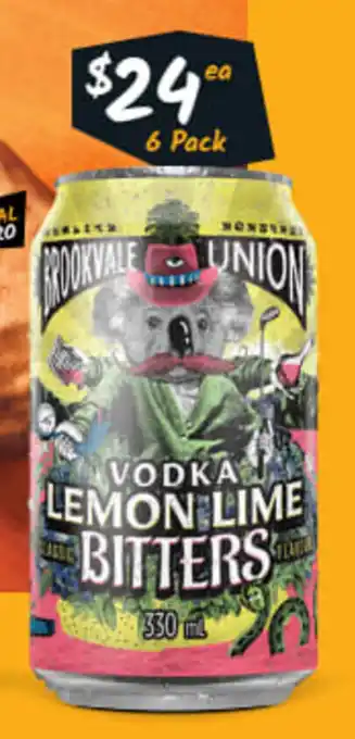 Cellarbrations Brookvale Union Vodka Lemon Lime Bitters 330mL 6 Pack offer
