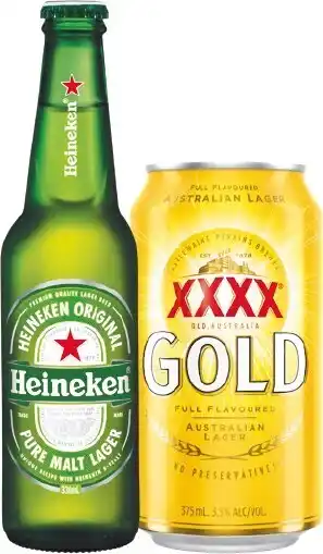 Woolworths Heineken Lager Bottles 24x330ml OR XXXX Gold Block 30x375ml Cans offer