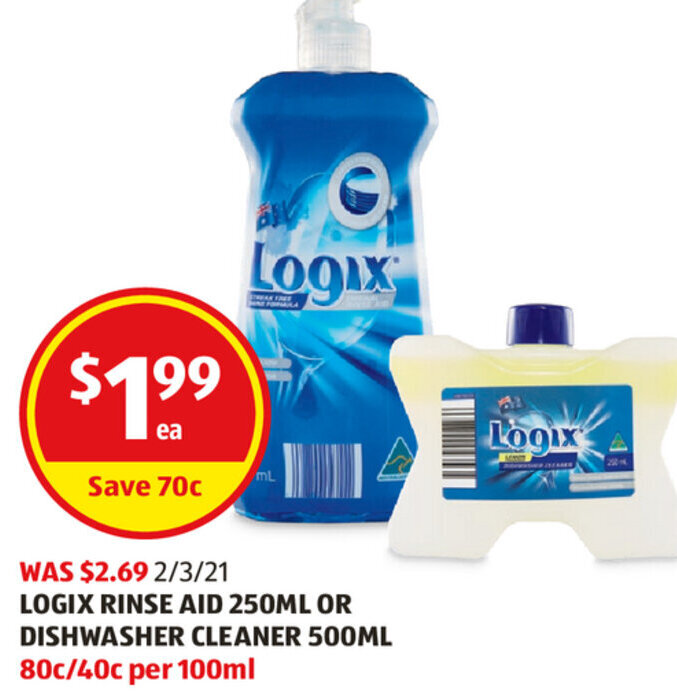 Logix Rinse Aid 250Ml/Dishwasher Cleaner offer at ALDI