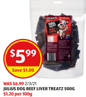 ALDI Julius Dog Beef Liver Treatz 500g offer