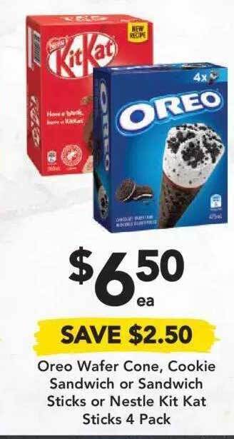 Drakes Oreo Wafer Cone Cookie Sandwich Or Sandwich Sticks Or Nestle Kit Kat Sticks 4 Pack offer