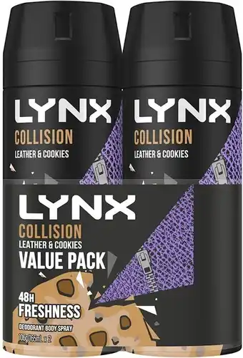 BIG W Lynx Deodorant Body Spray Collision Leather + Cookies Twin Pack 165mL offer