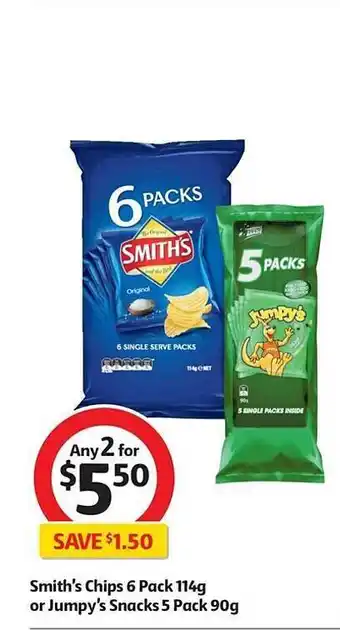Coles Smith's Chips 6 Pack Or Jumpy's Snacks 5 Pack offer