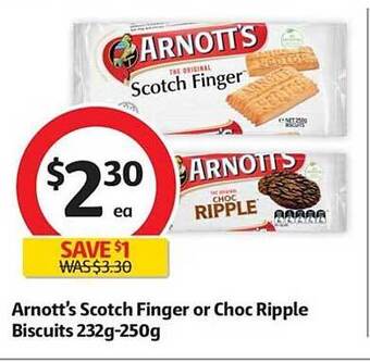 Coles Arnott's Scotch Finger Or Choc Ripple Biscuits offer