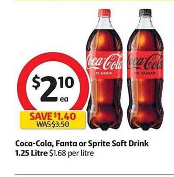 Coles Coca-cola, Fanta Or Sprite Soft Drink 1.25 Litre offer