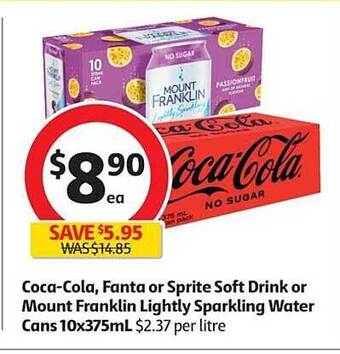 Coles Coca-cola, Fanta Or Sprite Soft Drink Or Mount Franklin Lightly Sparkling Water offer