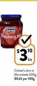 Foodworks Cottee's Jam Or Marmalade 500g offer