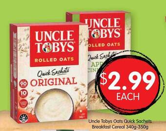Spudshed Uncle Tobys Oats Quick Sachets Breakfast Cereal 340g-350g offer