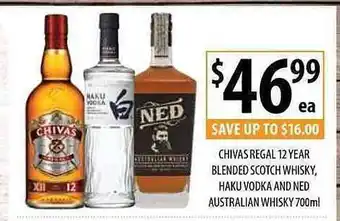 Supabarn Chivas Regal 12 Year Blended Scotch Whisky, Haku Vodka And Ned Australian Whisky 700ml offer