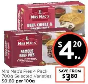 Foodworks Mrs Mac's Pies 4 Pack offer