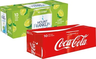 Woolworths Coca-Cola, Sprite or Fanta Soft Drink or Mount Franklin Sparkling Can Varieties 10 x 375ml offer
