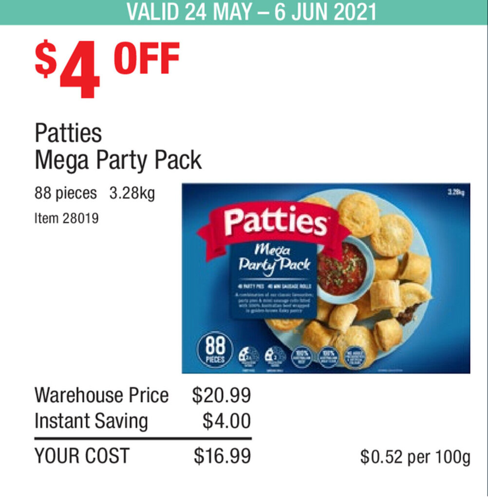 Patties Mega Party Pack 88 pieces / 3.28kg offer at Costco