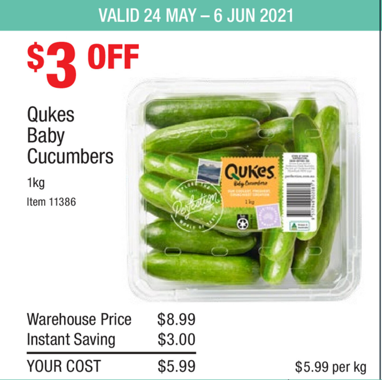 Qukes Baby Cucumbers 1kg offer at Costco