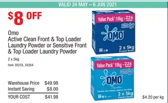 Costco Omo Active Clean Front & Top Loader Laundry Powder or Sensitive Front & Top Loader Laundry Powder 2x5kg offer