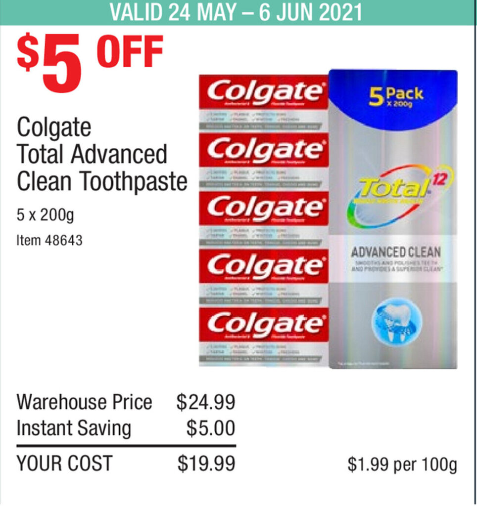 Colgate Total Advance Clean Toothpaste 5x200g offer at Costco