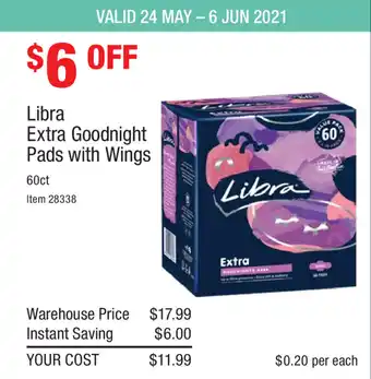 Costco Libra Extra Goodnight Pads with Wings offer