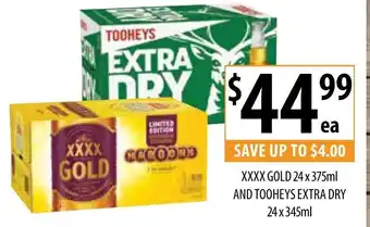 Supabarn XXXX Gold 24x375mL and Tooheys Extra Dry 24x345mL offer
