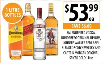Supabarn Smirnoff Red Vodka, Bundaberg Original Up Rum , Johnnie Walker Red Label Blended Scotch Whisky And Captain Morgan 1L offer