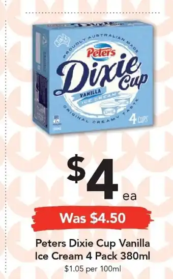 Drakes Peters Dixie Cup Vanilla Ice Cream 4 Pack 380mL offer