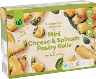 Woolworths Woolworths Mini Cheese & Spinach Pastry Rolls 750g Pk 16 – From the Freezer offer