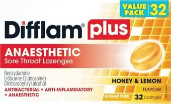 Woolworths Difflam Plus Anaesthetic Sore Throat Lozenges Honey & Lemon Pk 32# offer