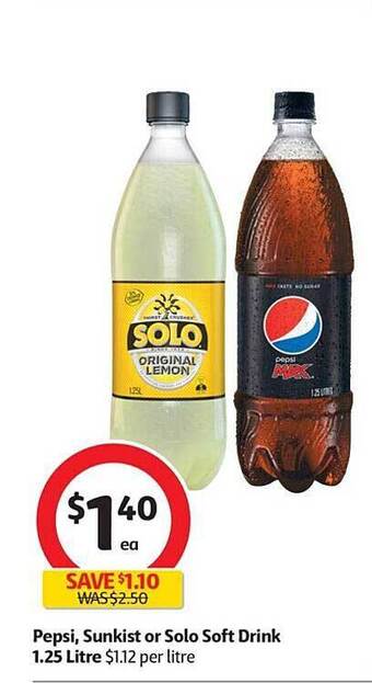 Coles Pepsi, Sunkist Or Solo Soft Drink 1.25 Litre offer
