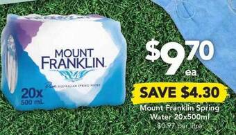 Drakes Mount Franklin Spring Water 20x500ml offer