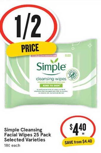 IGA Simple Cleansing Facial Wipes 25 Pack offer