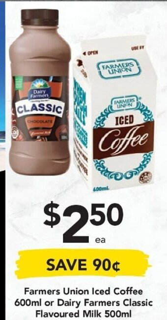 Drakes Farmers Union Iced Coffee 600ml or Dairy Farmers Classic Flavoured Milk 500mL offer