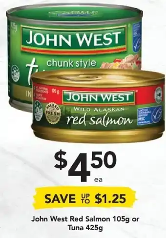 Drakes John West Red Salmon 105g or Tuna 425g offer
