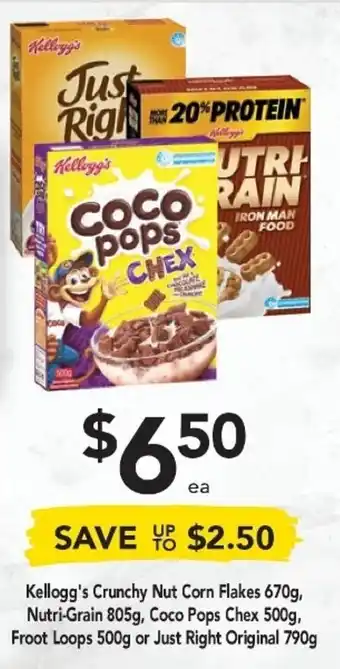 Drakes Kellogg's Crunchy Nut Corn Flakes 670g, Nutri-Grain 805g, Coco Pops Chex 500g, Froot loops 500g or Just Right Original 790g offer