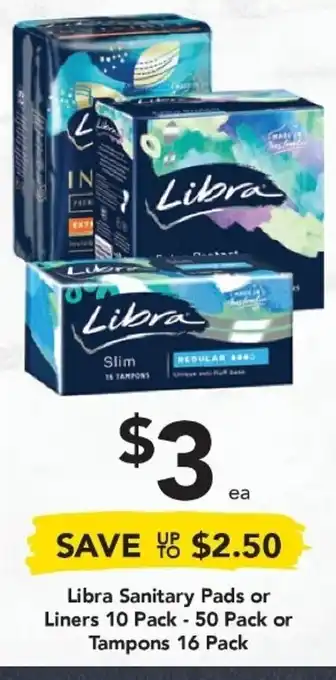 Drakes Libra Sanitary Pads or Liners 10 Pack - 50 Pack or Tampons 16 Pack offer