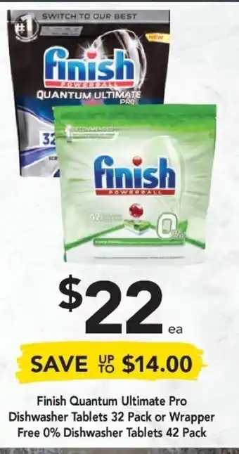 Drakes Finish Quantum Ultimate Pro Dishwasher Tablets 32 Pack or Wrapper Free 0% Dishwasher Tablets 42 Pack offer