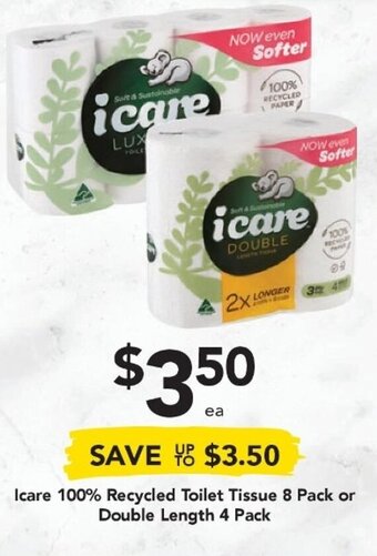 Drakes Icare 100% Recycled Toilet Tissue 8 Pack or Double Length 4 Pack offer