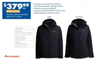 BCF Macpac Mens & Womens Neve 3-In-1 Jacket offer