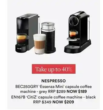 Nespresso Bec250gry 'essenza Mini' Capsule Coffee Machine - Grey Rrp En167b 'citiz' Capsule Coffee Machine -black