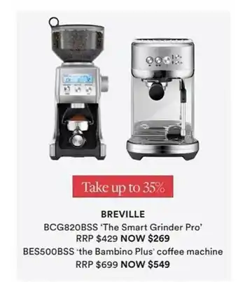 David Jones Breville Bcg820bss 'the Smart Grinder Pro ' Bes500bss 'the Bambino Plus' Coffee Machine offer