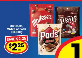 Ritchies Maltesers, M&M's or Pods 130-180g offer