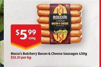 ALDI Rocco's Butchery Bacon & Cheese Sausages 450g offer