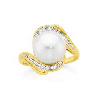 9ct Gold Cultured Fresh Water Pearl & Diamond Curve Ring