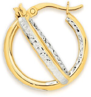 Angus & Coote 9ct Gold Two Tone 2.5x15mm Diamond-Cut Hoop Earrings offer