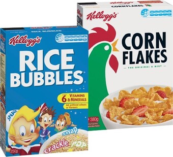 Kellogg's Corn Flakes 380g or Rice Bubbles 250g